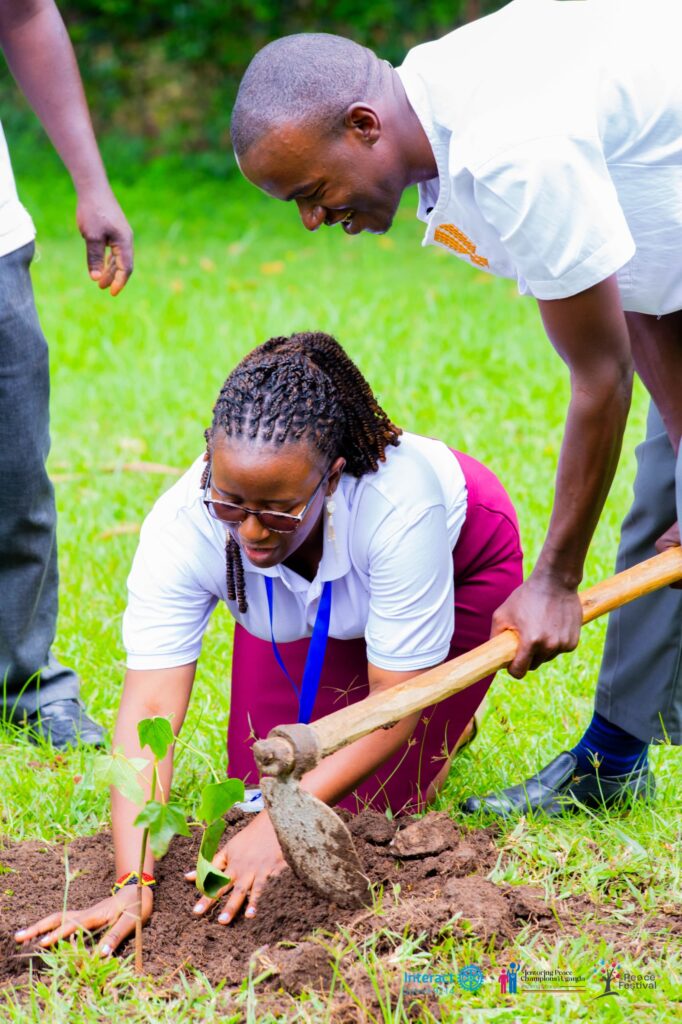 Two participants planting a tree seedling together during the Peace Festival tree planting